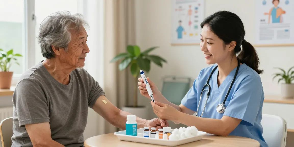 Nurse assisting a patient using bd ultra fine pen needles in a bright healthcare setting.