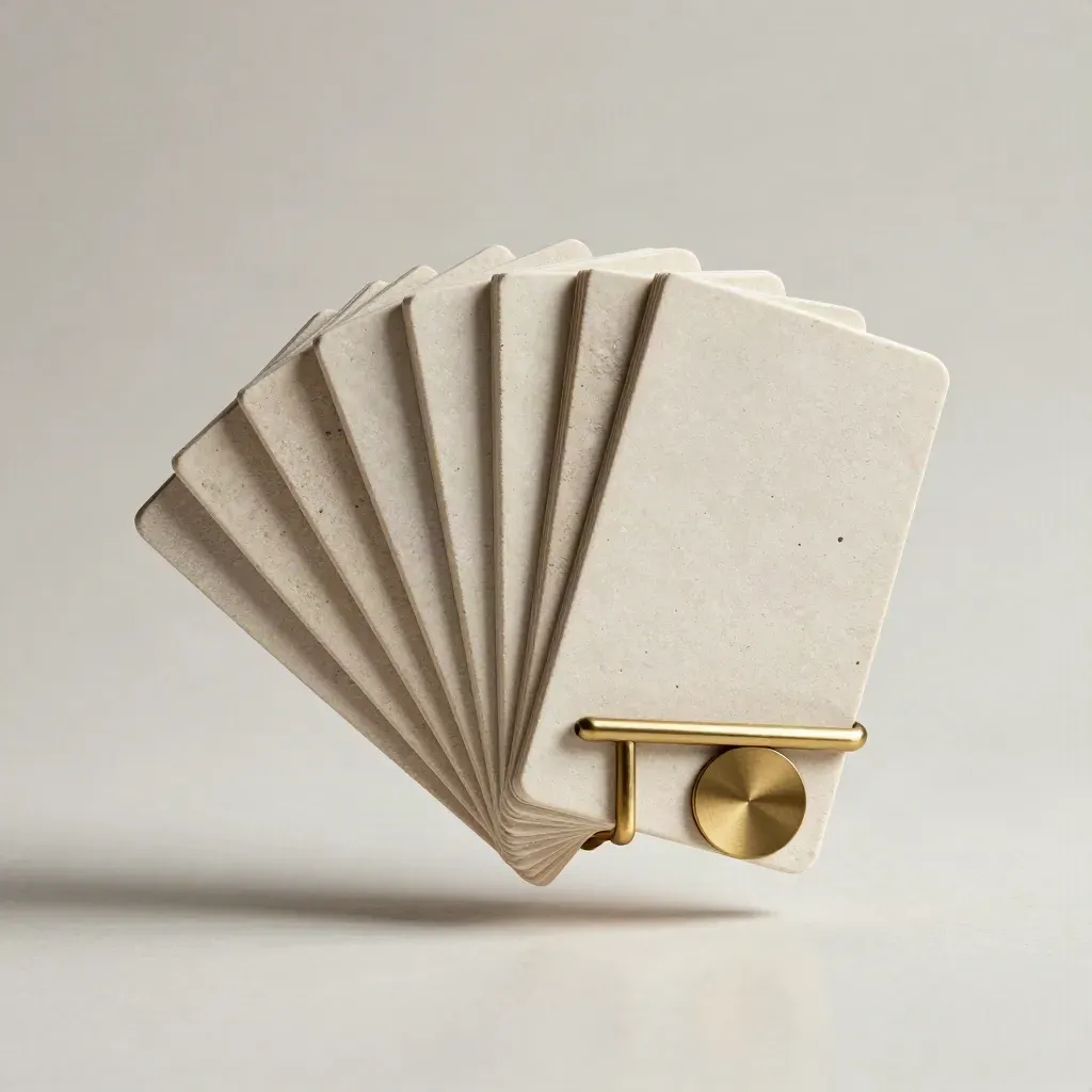 Pale stone booking deck with blank tabs, brass token, and soft studio shadows