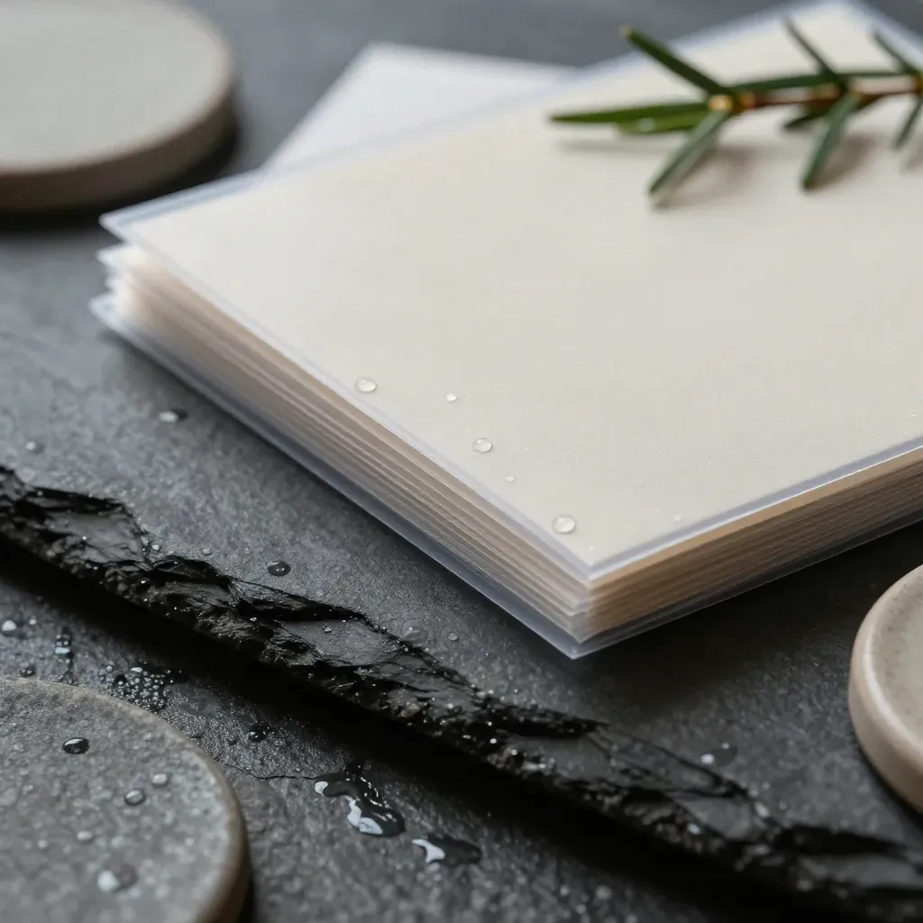 Macro of translucent sleeves on wet basalt beside cedar and a ceramic coaster