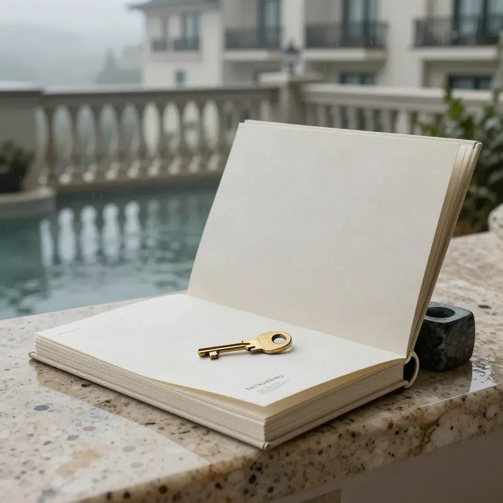 Cream linen revenue audit kit with brass key and inserts on a rain-wet terrace ledge at dawn.