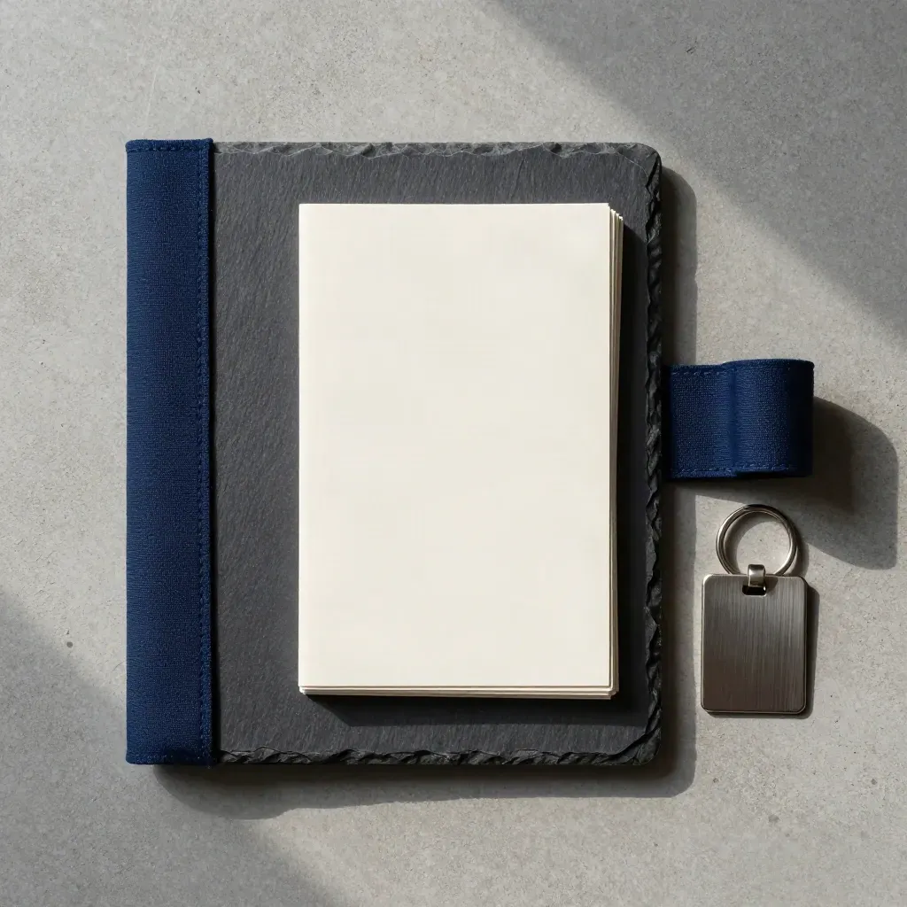 Overhead hotel training binder, blank flash cards, navy strap and square key tags on concrete.