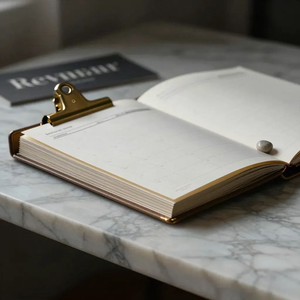 Open revenue calendar folio with brass clips on marble, lit by cool window glare