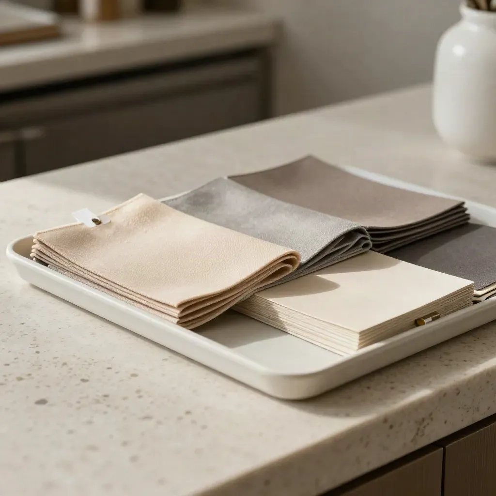 Vendor cost check kit with swatches, tray and card stack on a travertine counter.