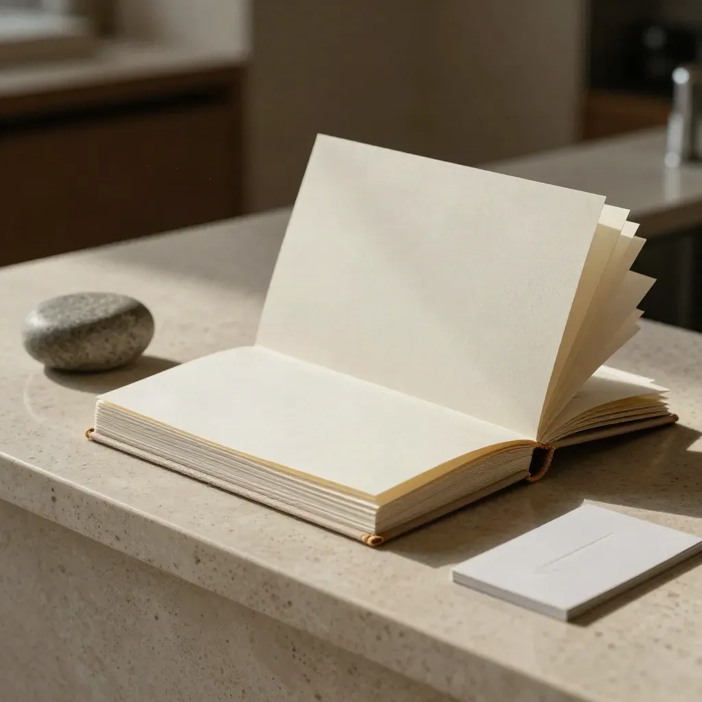A hotel operations checkup folio with tabs, stone weight, and clipped cards on travertine.