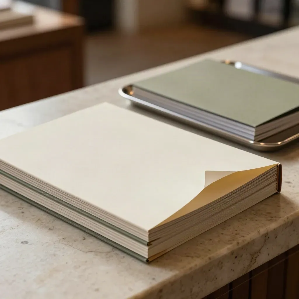 Close-up of a luxury rate-sheet booklet with curled page and soft hotel lobby background.