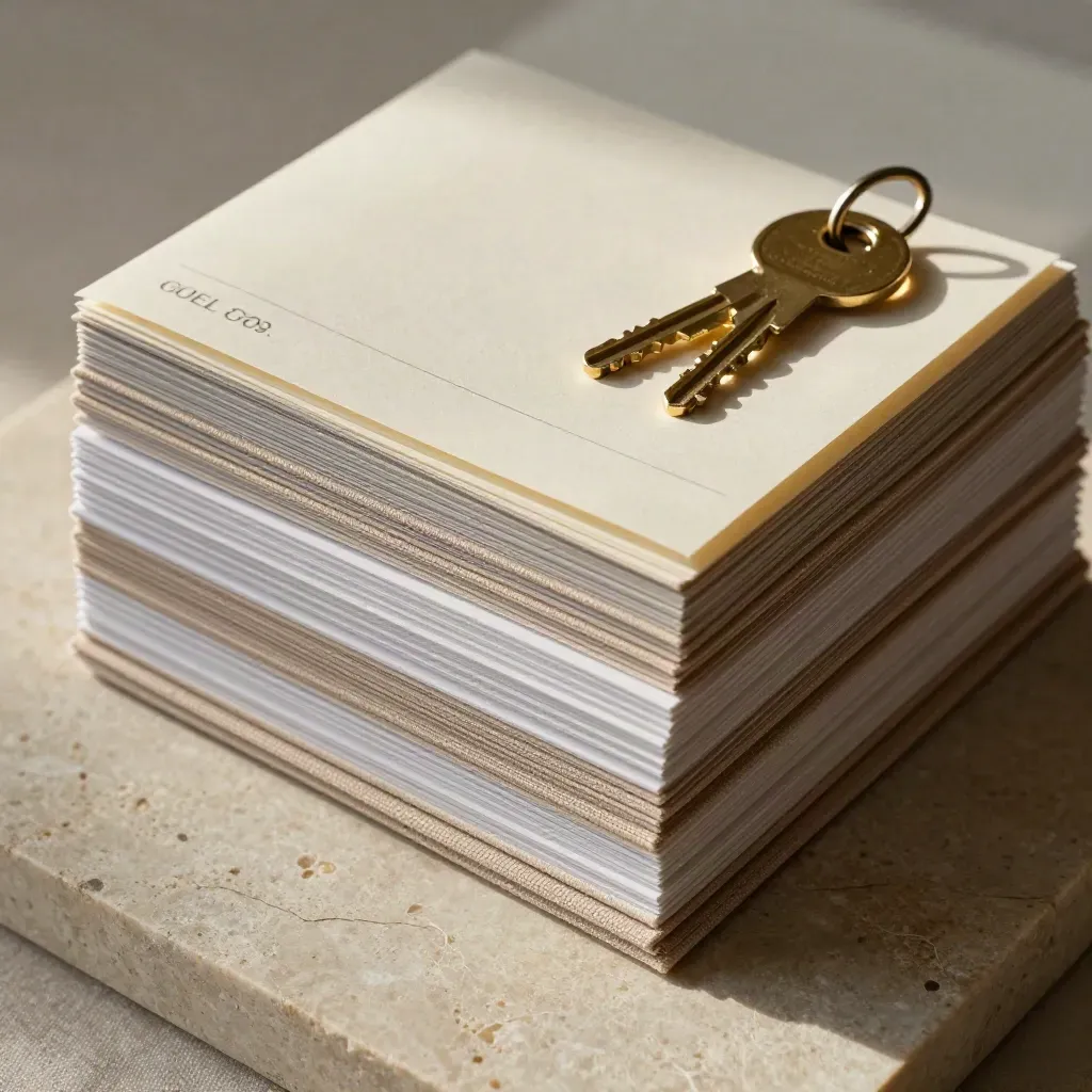 Overhead housekeeping SOP kit with offset pages, cloth tabs, a blank checklist card and brass key tag.