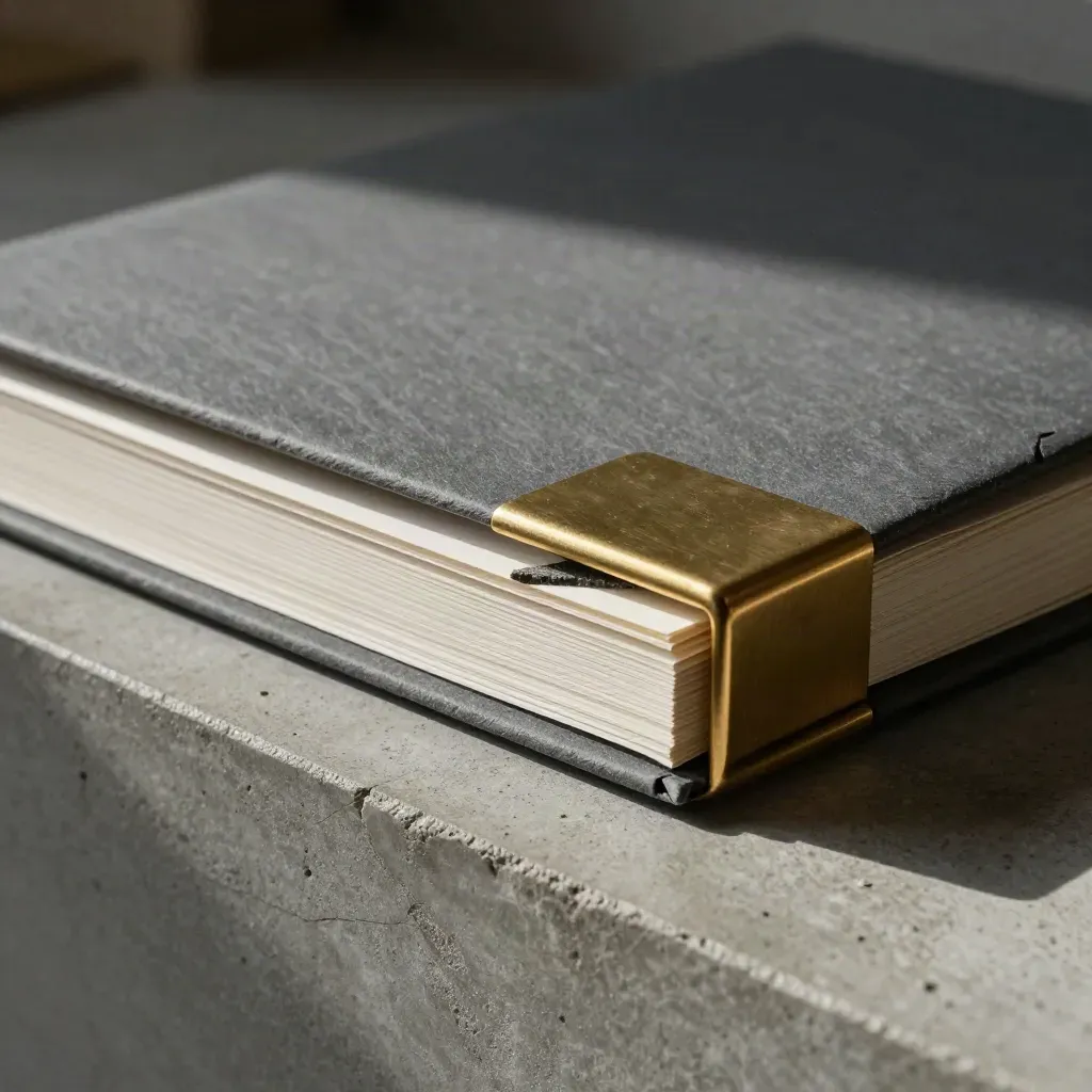 Slate audit dossier with brass clip and stone sample in a dramatic macro.