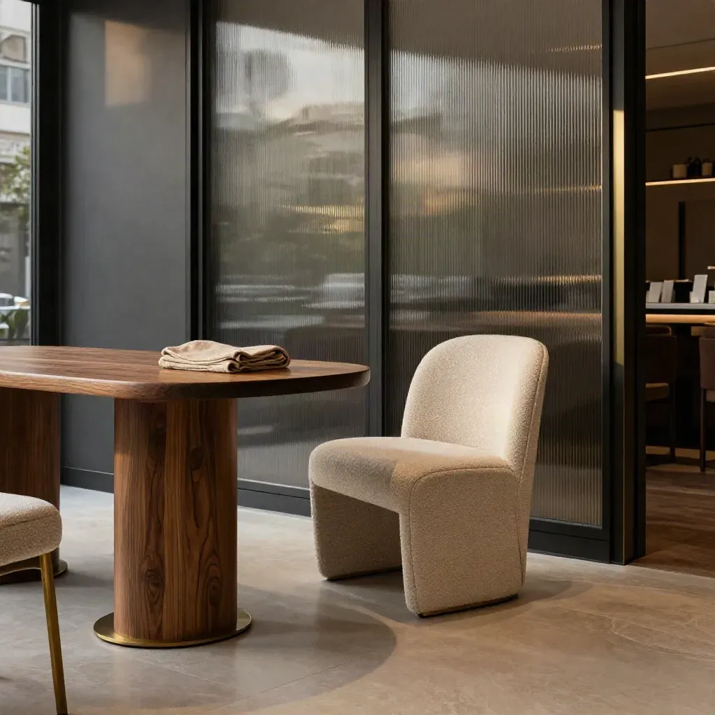 Boutique hotel lobby corner with oak, boucle chair, and glass reflections in soft morning light