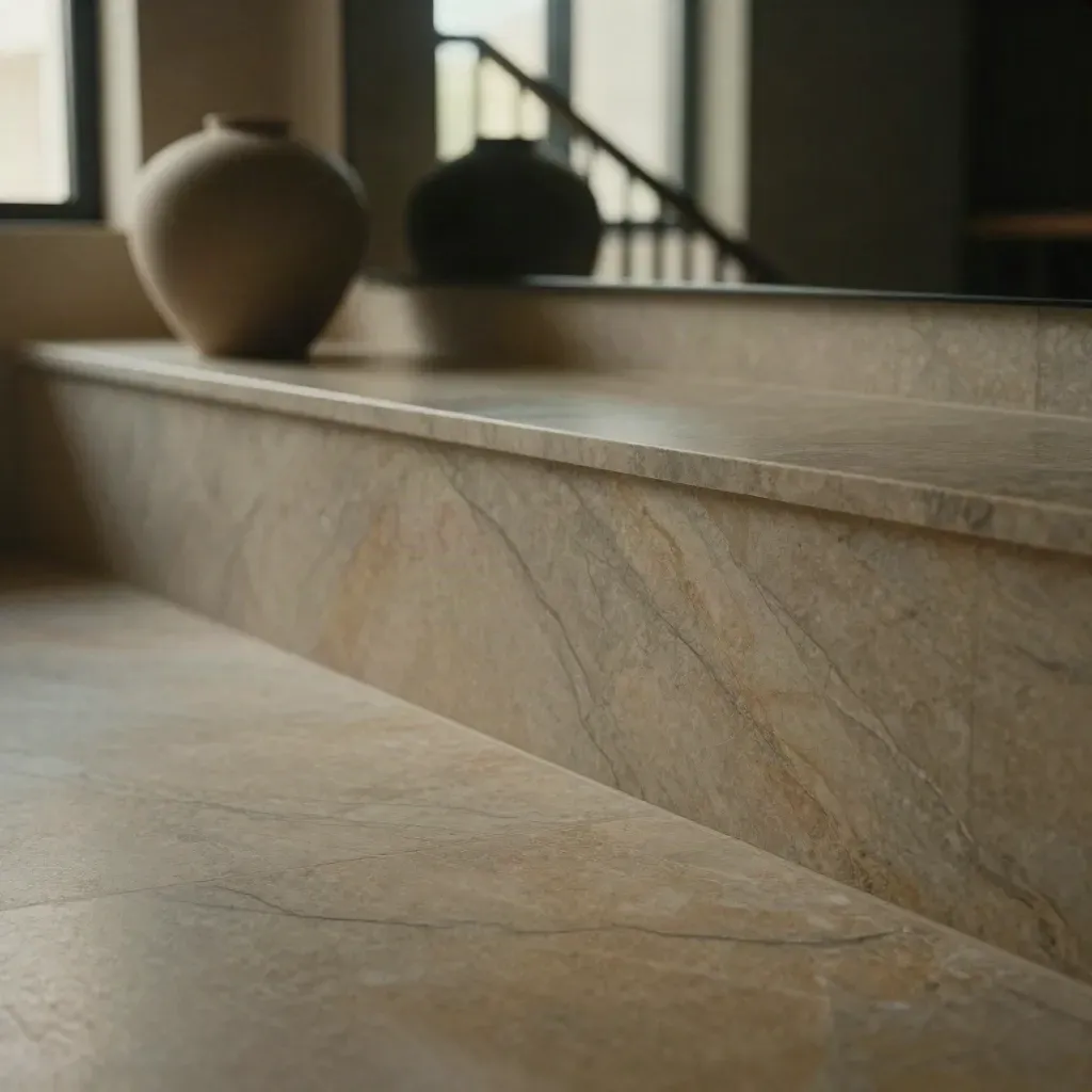 Marble ledge with ceramic vessel, blurred stair rail and window reflections, calm copy space below.
