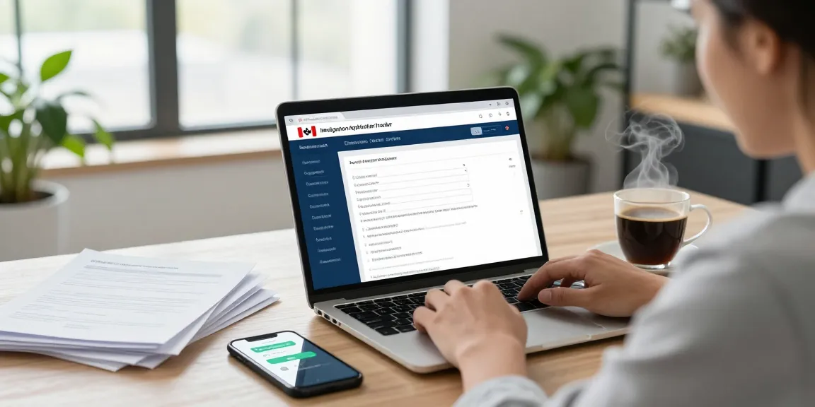 Canada immigration application tracker interface in a modern workspace with documents and smartphone.